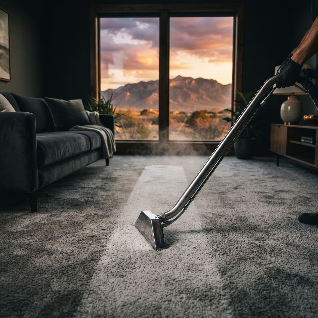 Professional carpet cleaning wand extracting dirt from carpet with a New Mexico mountain sunset framed in the window