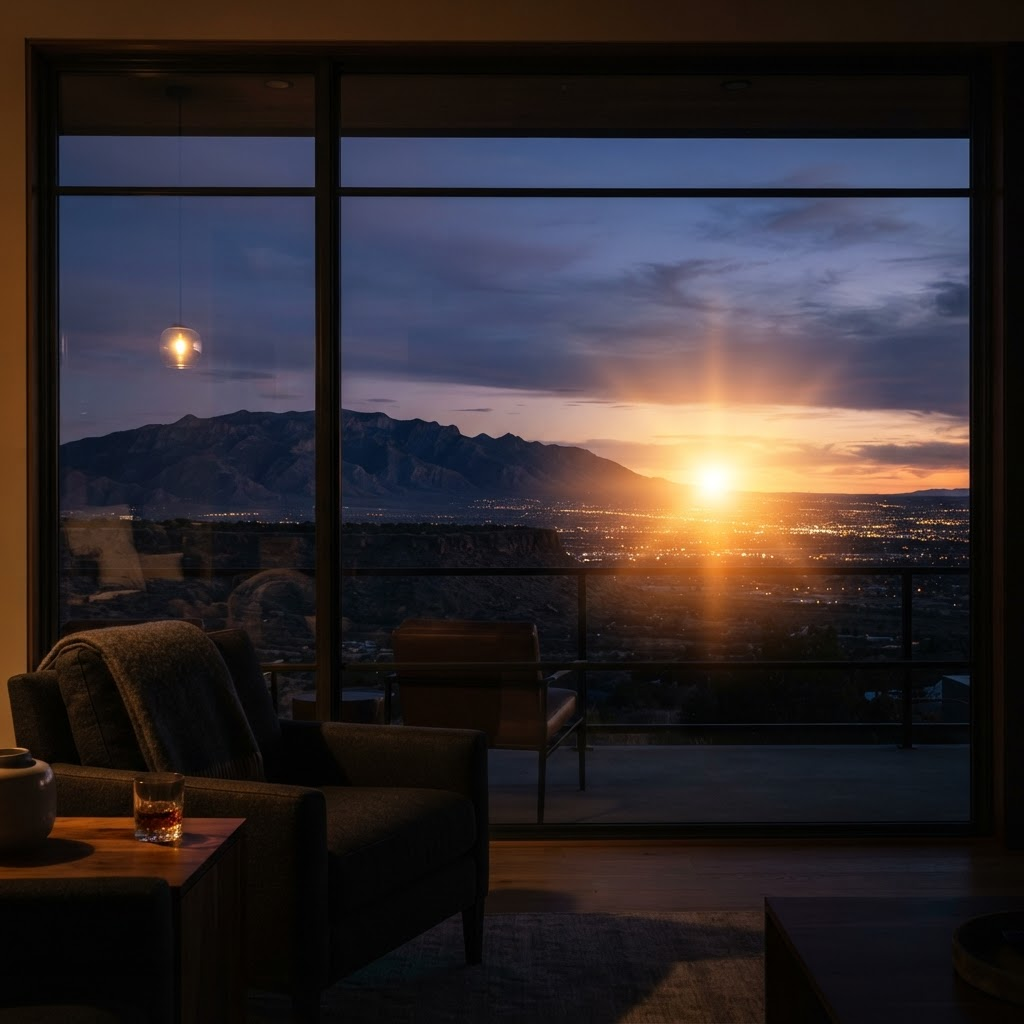 Spotless window overlooking the New Mexico mountains at dusk